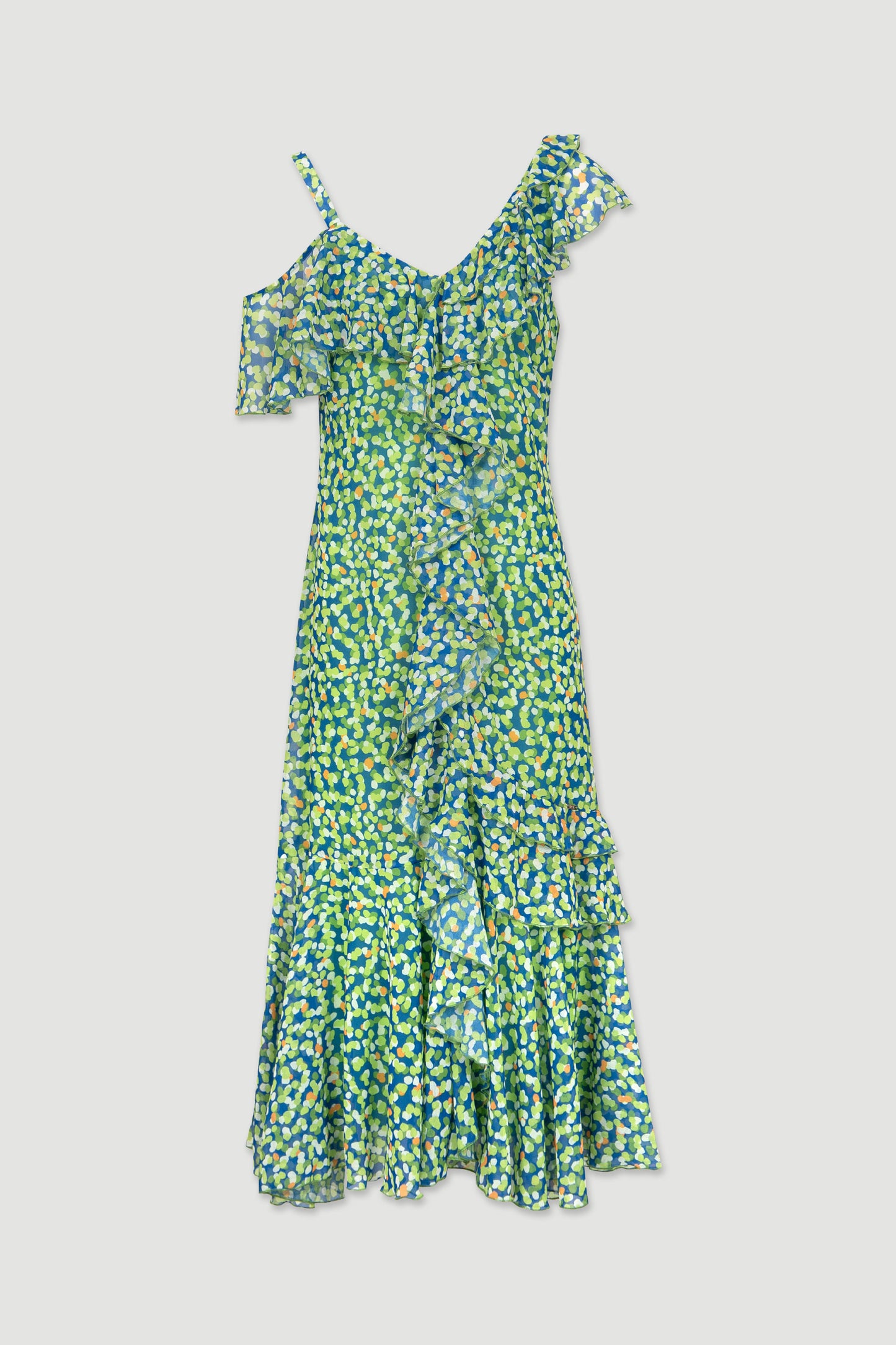 Vestido estampado tons verde com folhos