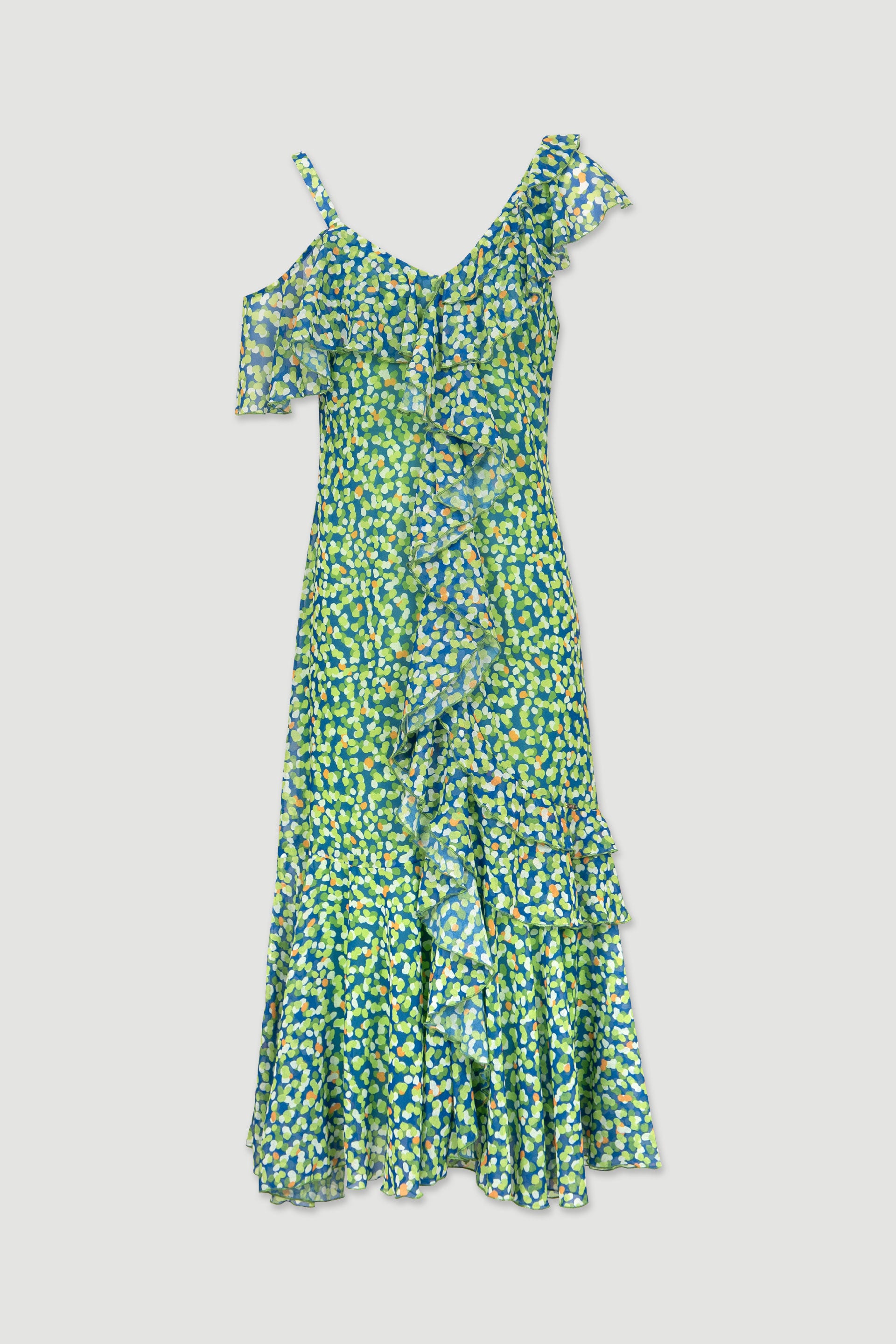 Vestido estampado tons verde com folhos