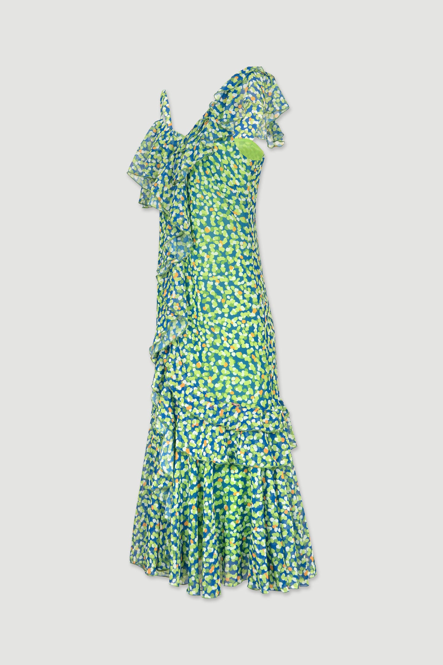 Vestido estampado tons verde com folhos