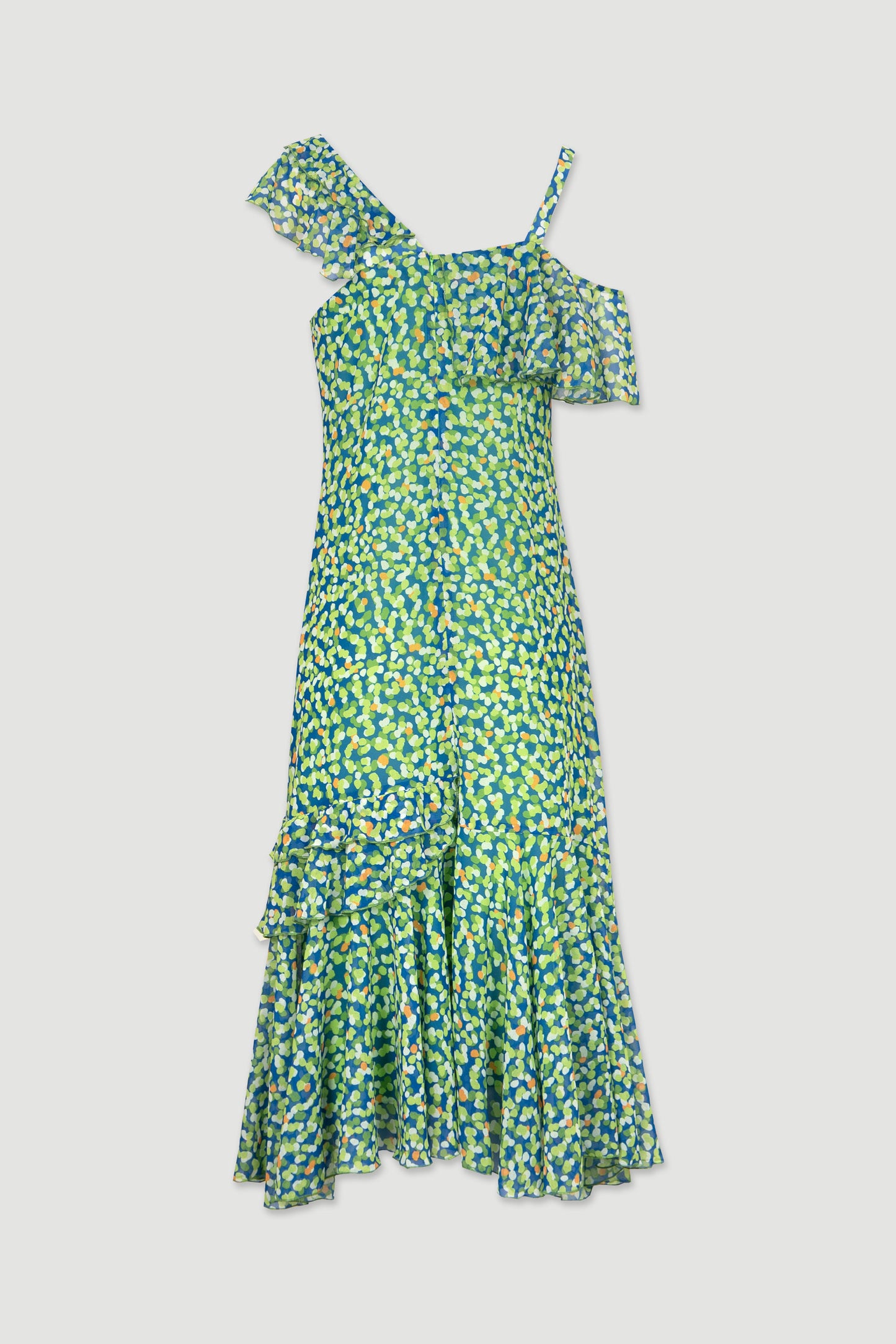 Vestido estampado tons verde com folhos